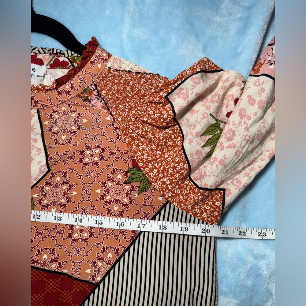 Fate Patchwork Boho Mixed Print Blouse Bubble Sle… - image 3